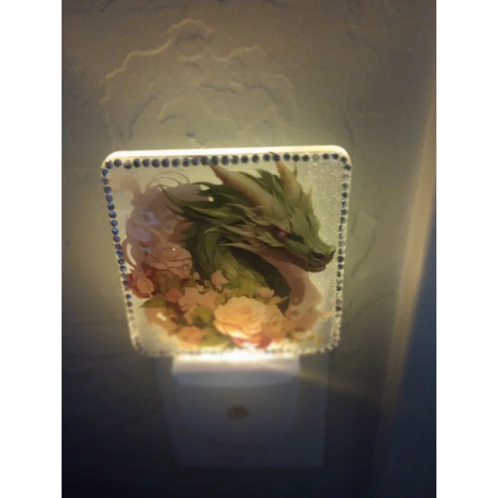 Dragon Night Light Plug-In LED Floral Fantasy Green Dragon Roses Decorative Lamp